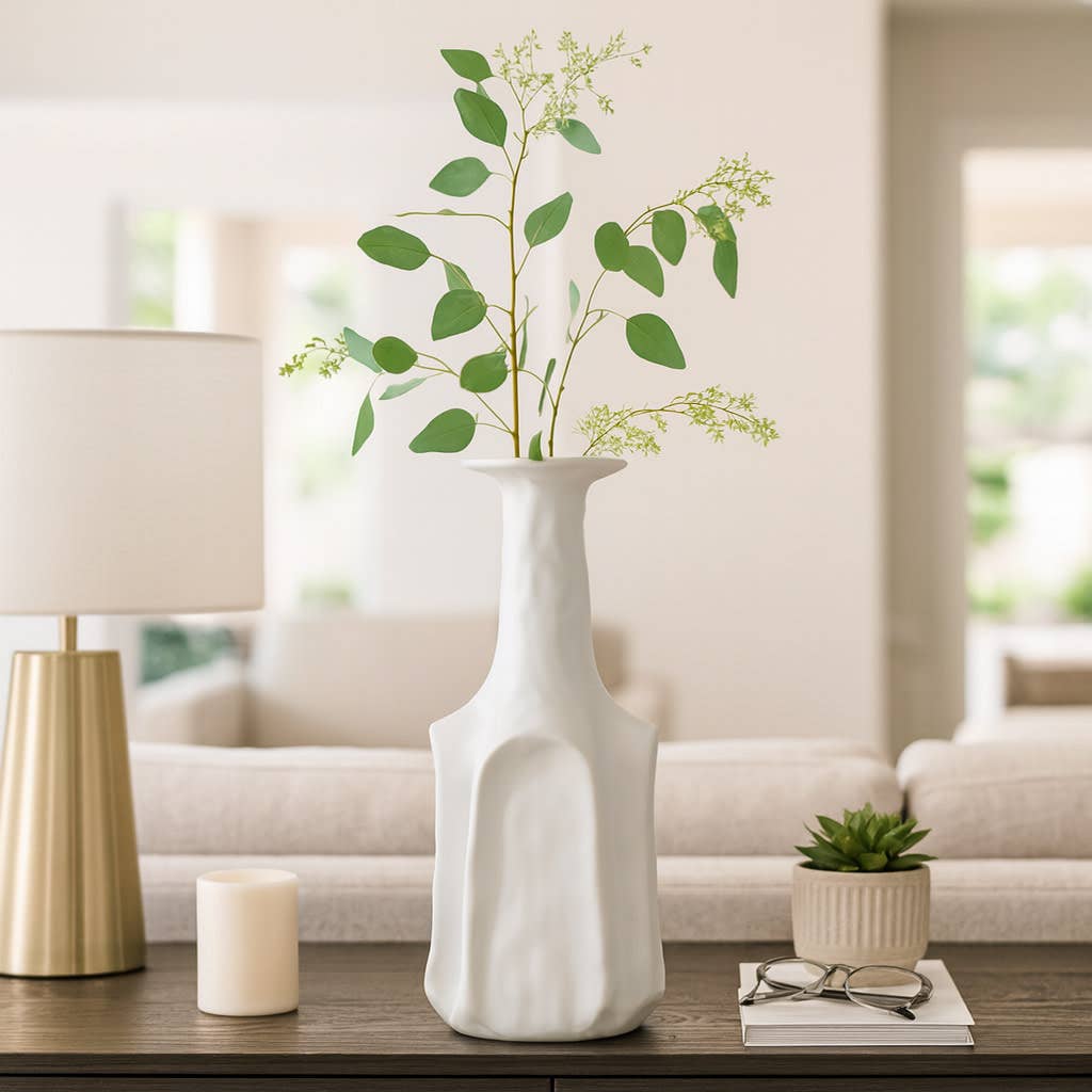 Decorative Vase - White Ceramic Sleek Medium Design, 17 in.