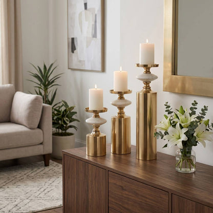 Candle Holder Set of 3 - Gold and White Marble, 9/12/16 in.