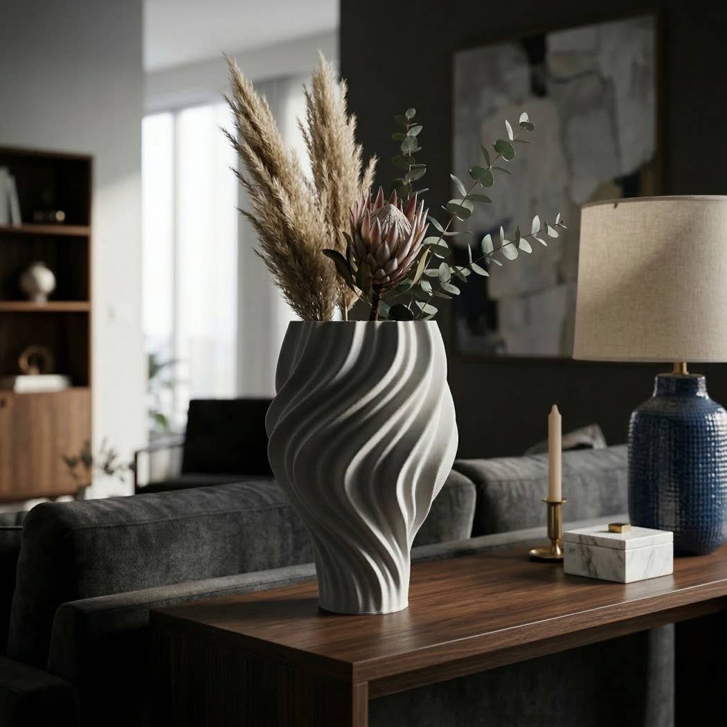 Decorative Vase - White Ceramic Modern Sculptural, 14 in.