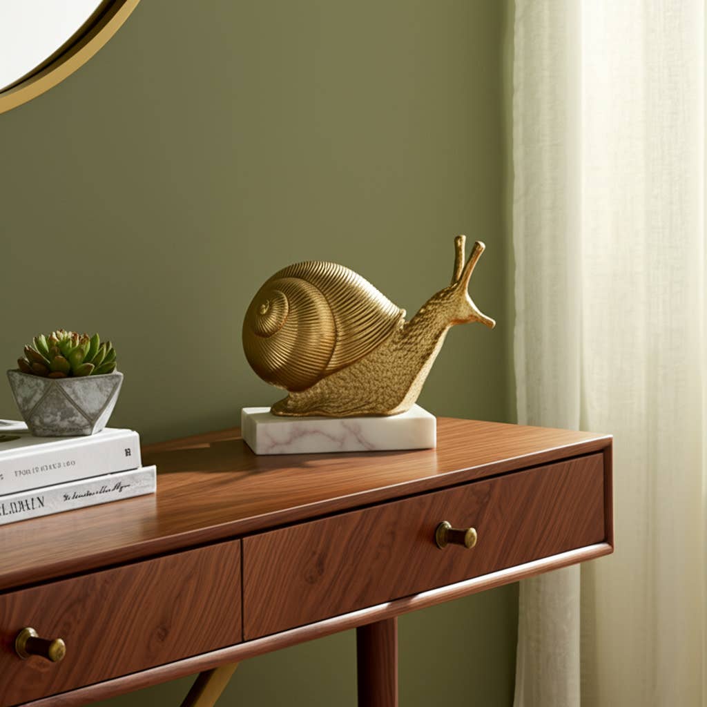 Decorative Object - Gold Metal Snail On Marble Base, 10 in.