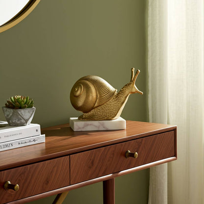 Decorative Object - Gold Metal Snail On Marble Base, 10 in.