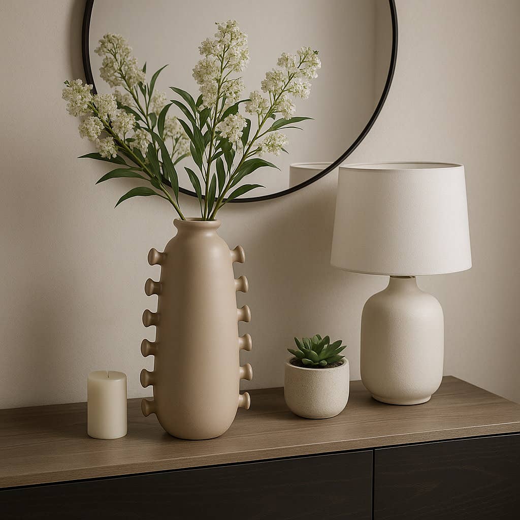 Decorative Vase - Tan Ceramic with Side Detailing, 15 in.