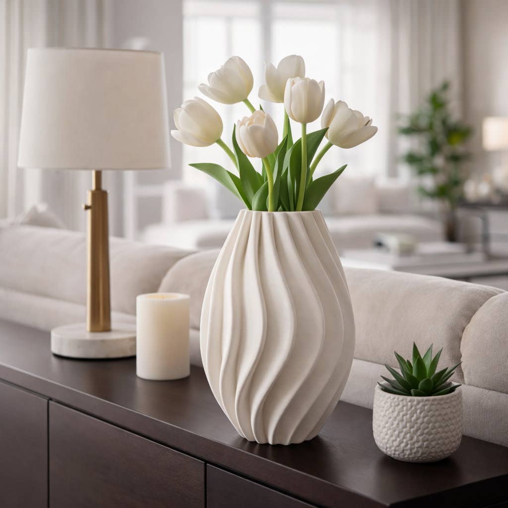 Decorative Vase - Ivory Porcelain Vertical Ribbed, 13 in.