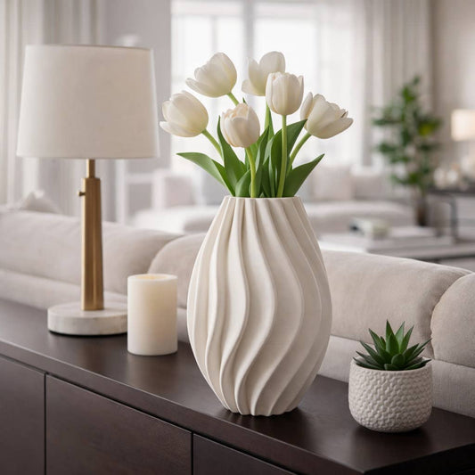 Decorative Vase - Ivory Porcelain Vertical Ribbed, 13 in.