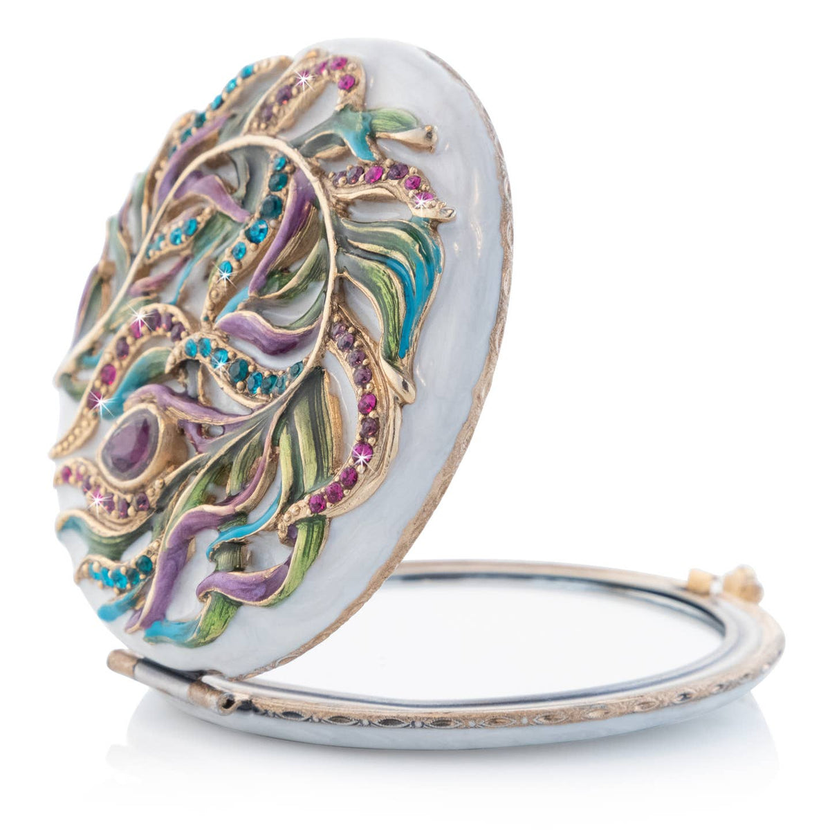 Jay Strongwater Rowan Classic Peacock Compact Mirror, Swarovski Crystal Enamel Gold-Finished