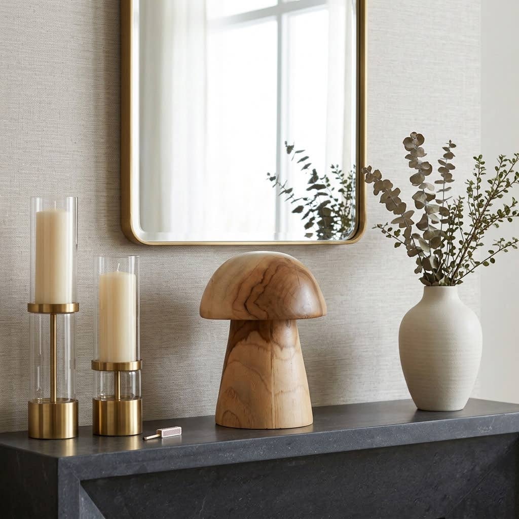 Sculpture - Brown Teak Wood Small Carved Mushroom, 10 in.