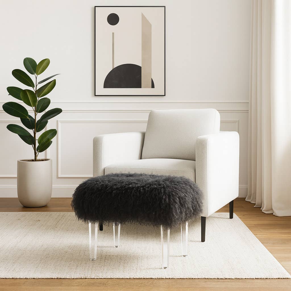 Bench - Black Acrylic Fur Upholstered Chic Accent, 26 in.