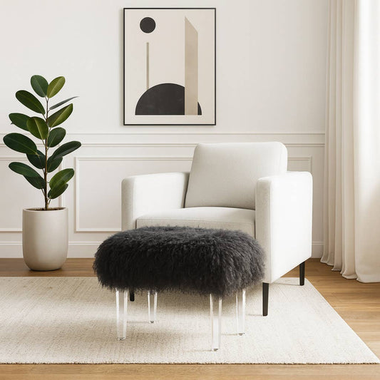 Bench - Black Acrylic Fur Upholstered Chic Accent, 26 in.