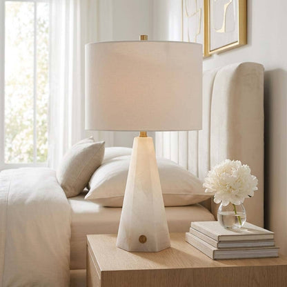 Table Lamp - White Stone Base with Geometric Design, 26 in.