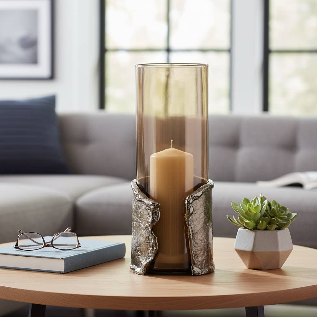 Candle Holder - Brown Glass with Metal Wraparound, 15 in.