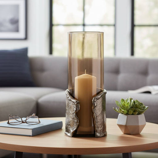 Candle Holder - Brown Glass with Metal Wraparound, 15 in.