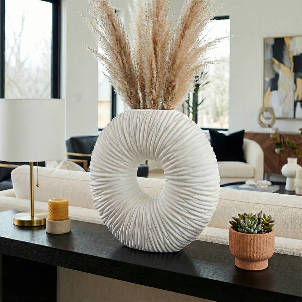 Decorative Vase - White Resin Unique Ribbed Round, 21 in.