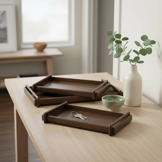 Trays Set of 3 - Brown Wood Raised Side Handles, 18/22/26 in
