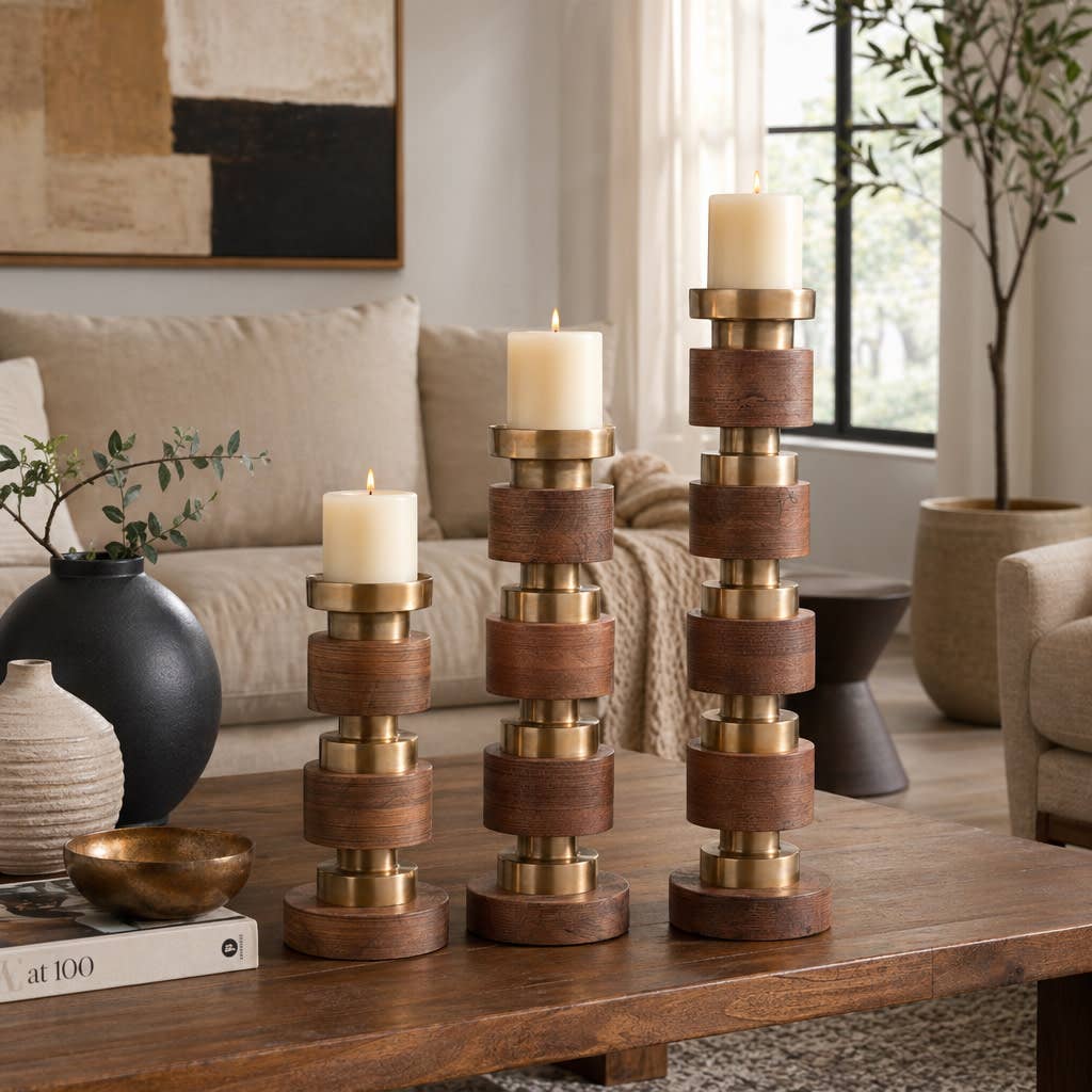 Candle Holder Set of 3 - Brown Wood Stacked, 13/17/22 in.