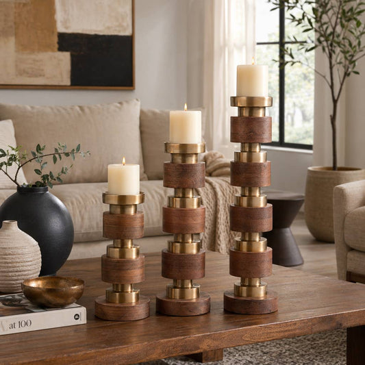 Candle Holder Set of 3 - Brown Wood Stacked, 13/17/22 in.