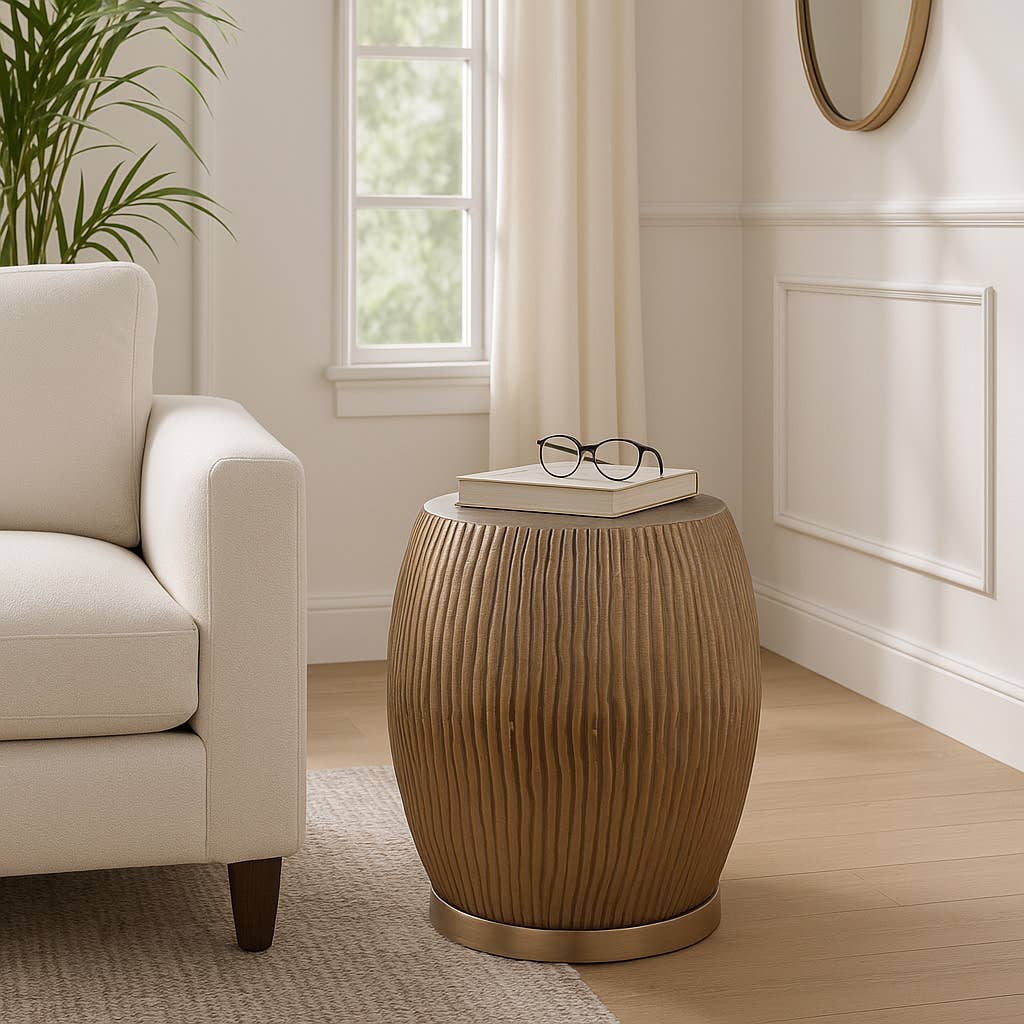 Decorative Stool - Champagne Metal Ribbed Drum, 19 in.