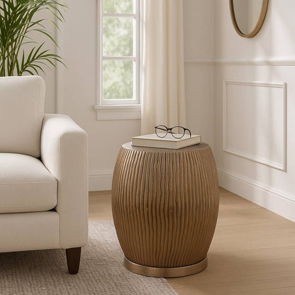 Decorative Stool - Champagne Metal Ribbed Drum, 19 in.