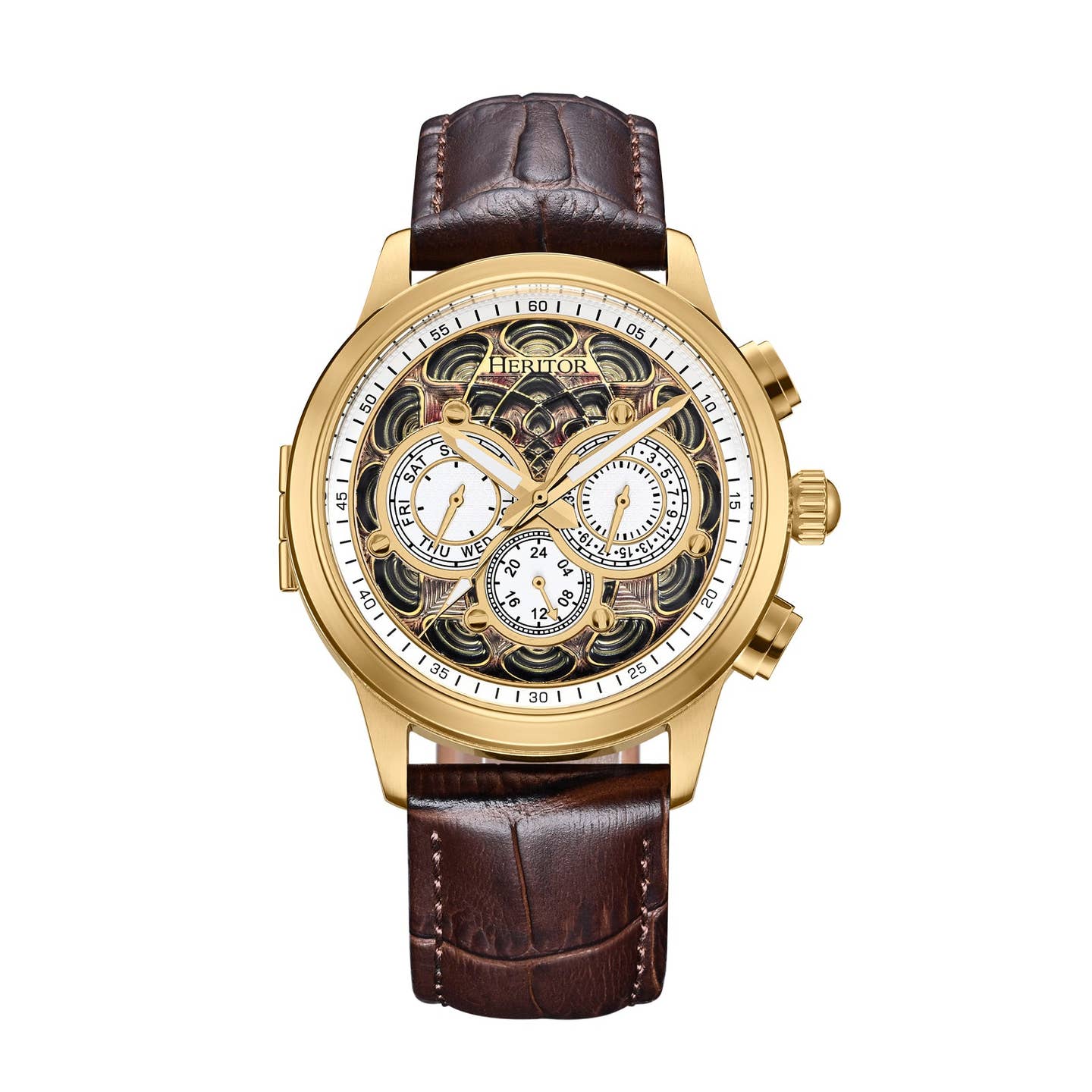 Heritor Apostle Leather Band Men's Automatic Day-Date Leather Watch, Brown/Gold