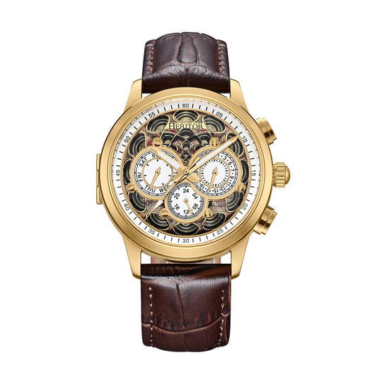 Heritor Apostle Leather Band Men's Automatic Day-Date Leather Watch, Brown/Gold