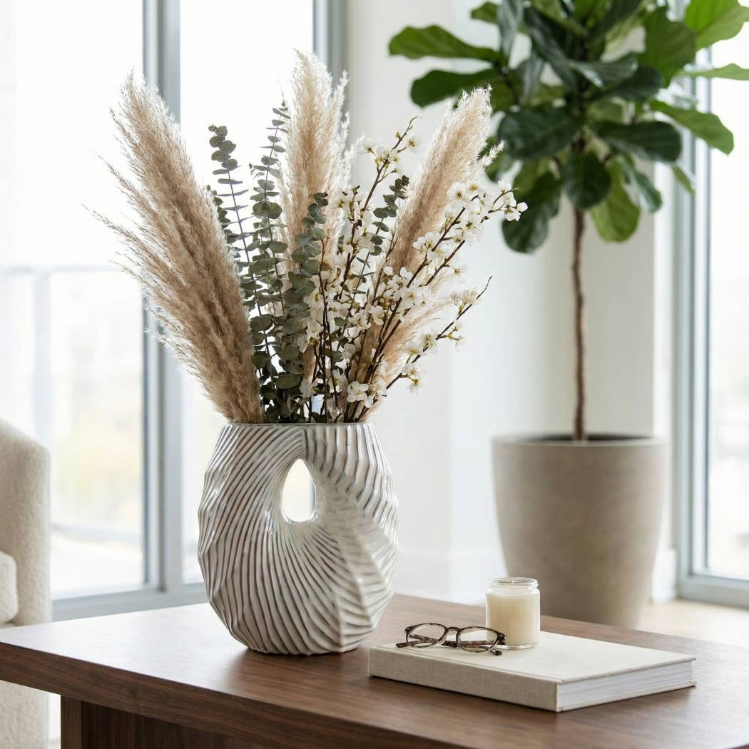 Decorative Vase - White Ceramic Wavy Shell Form, 12 in.
