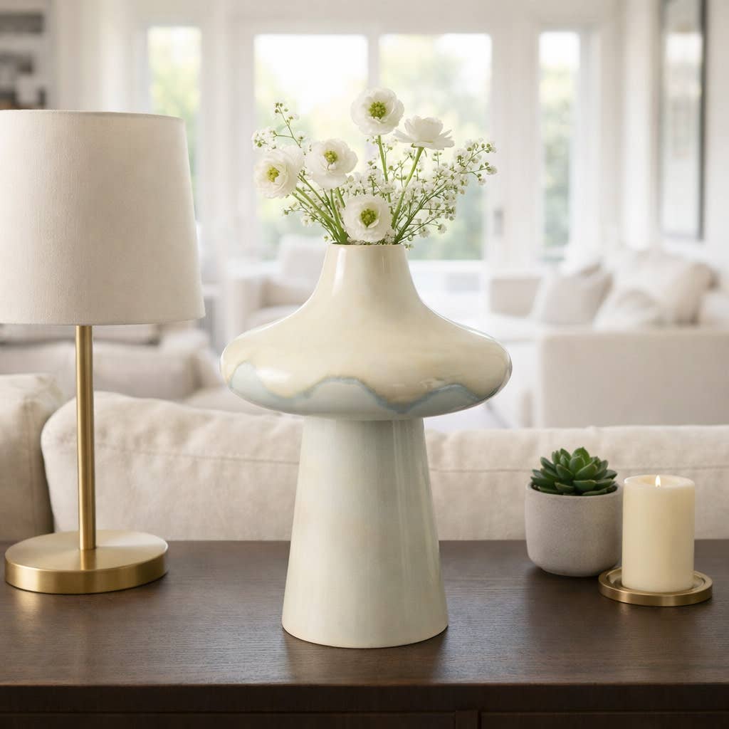 Decorative Vase - Beige Ceramic Sculptural Design, 16 in.