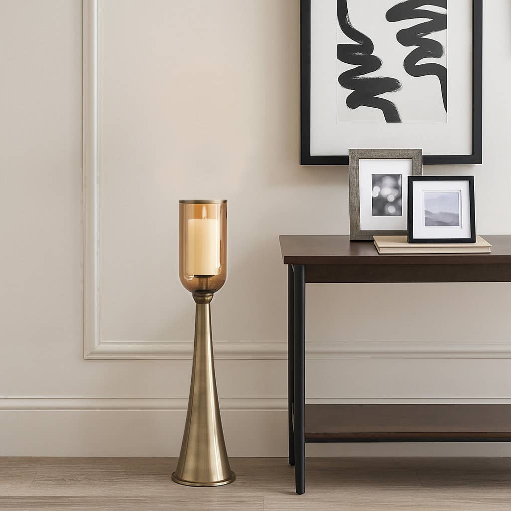 Candle Holder - Gold Metal Glass Hurricane Design, 34 in.