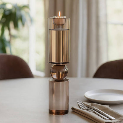 Candle Holder - Bronze Crystal Cylinder Candlestick, 15 in.