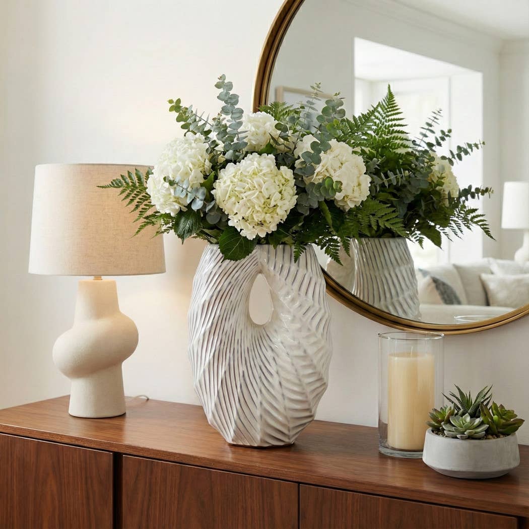Decorative Vase - White Ceramic Textured Shell Wavy, 16 in.