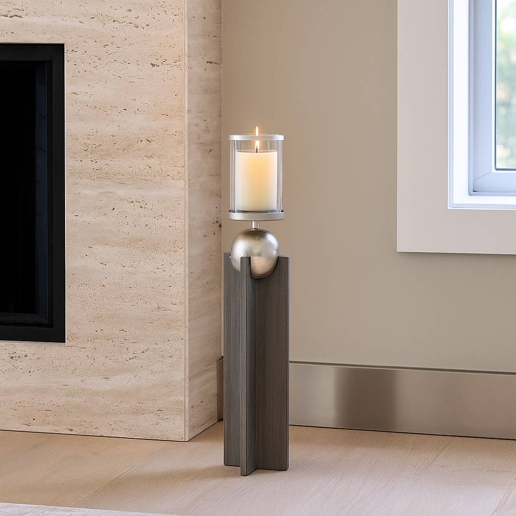 Candle Holder - Gray Wood Pillar with Metal Sphere, 36 in.