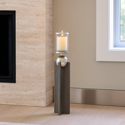Candle Holder - Gray Wood Pillar with Metal Sphere, 36 in.