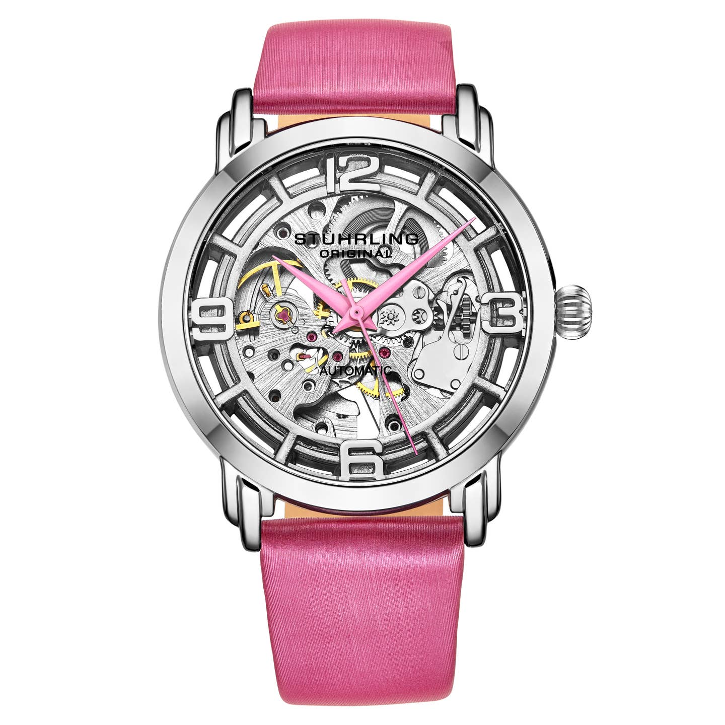 Stuhrling Original Winchester 3982 Women's Automatic Watch, 40mm, Silver Dial, Pink Leather Strap, Skeleton Dial