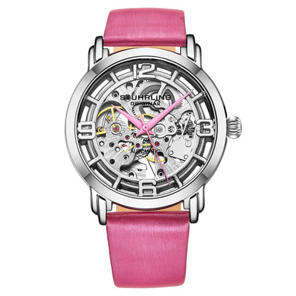 Stuhrling Original Winchester 3982 Women's Automatic Watch, 40mm, Silver Dial, Pink Leather Strap, Skeleton Dial