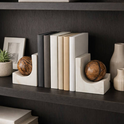 Bookends Set of 2 - Brown Marble Modern Globe Detail, 6 in.