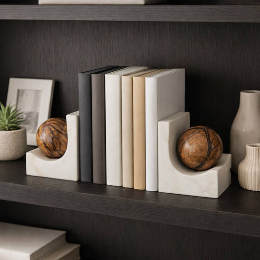 Bookends Set of 2 - Brown Marble Modern Globe Detail, 6 in.