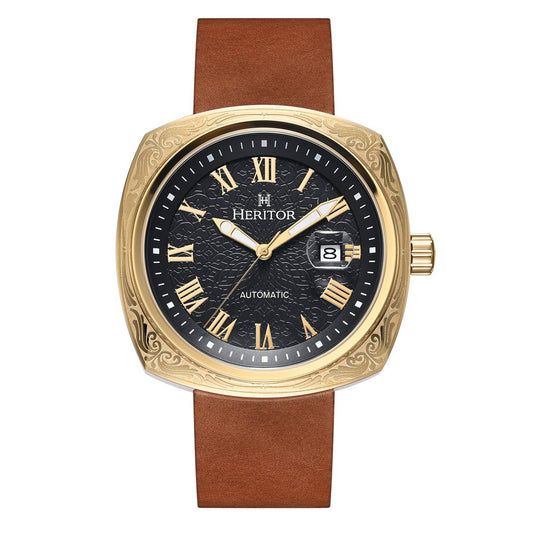 Heritor Davenport Men's Automatic Engraved-Case Leather Watch, Style HERHS3203