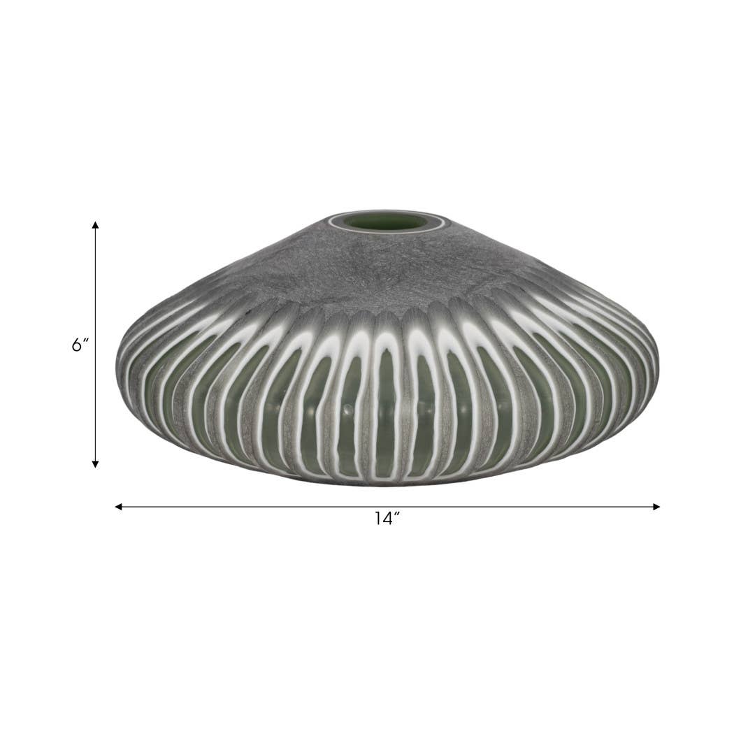 Decorative Vase - Green Glass Small Ribbed Disc, 14 in.