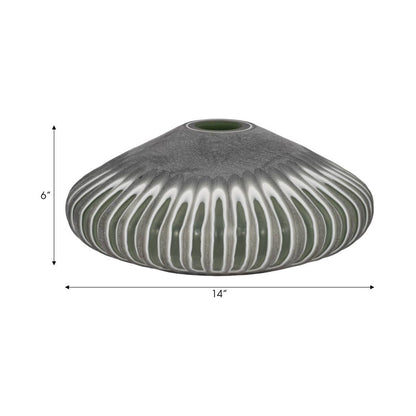 Decorative Vase - Green Glass Small Ribbed Disc, 14 in.
