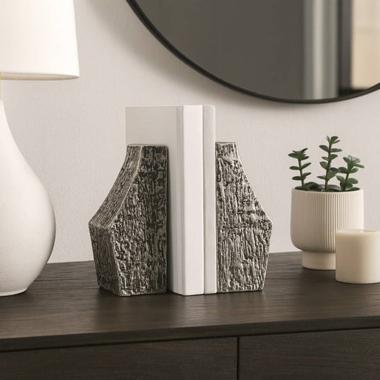 Bookends Set of 2 - Silver Metal Stylish Flower Vase, 8 in.