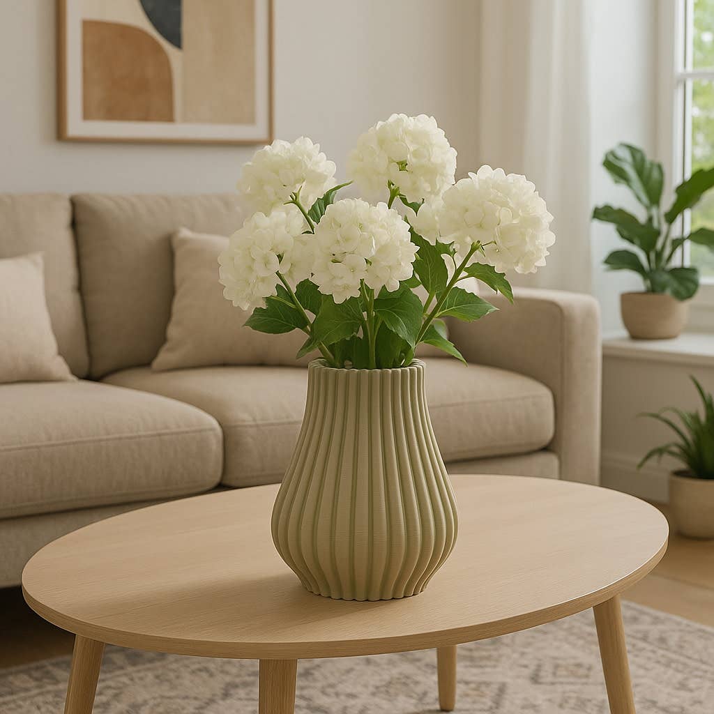 Decorative Vase - Green Porcelain Ribbed 3D Printed, 11 in.