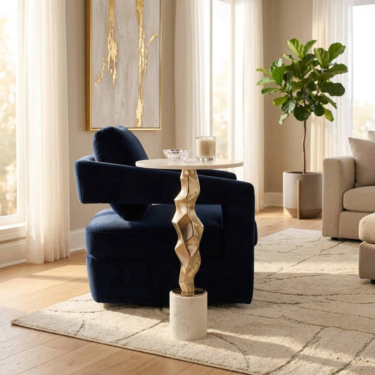 Side Table - Gold Marble Top Metal Sculptural Base, 25 in.