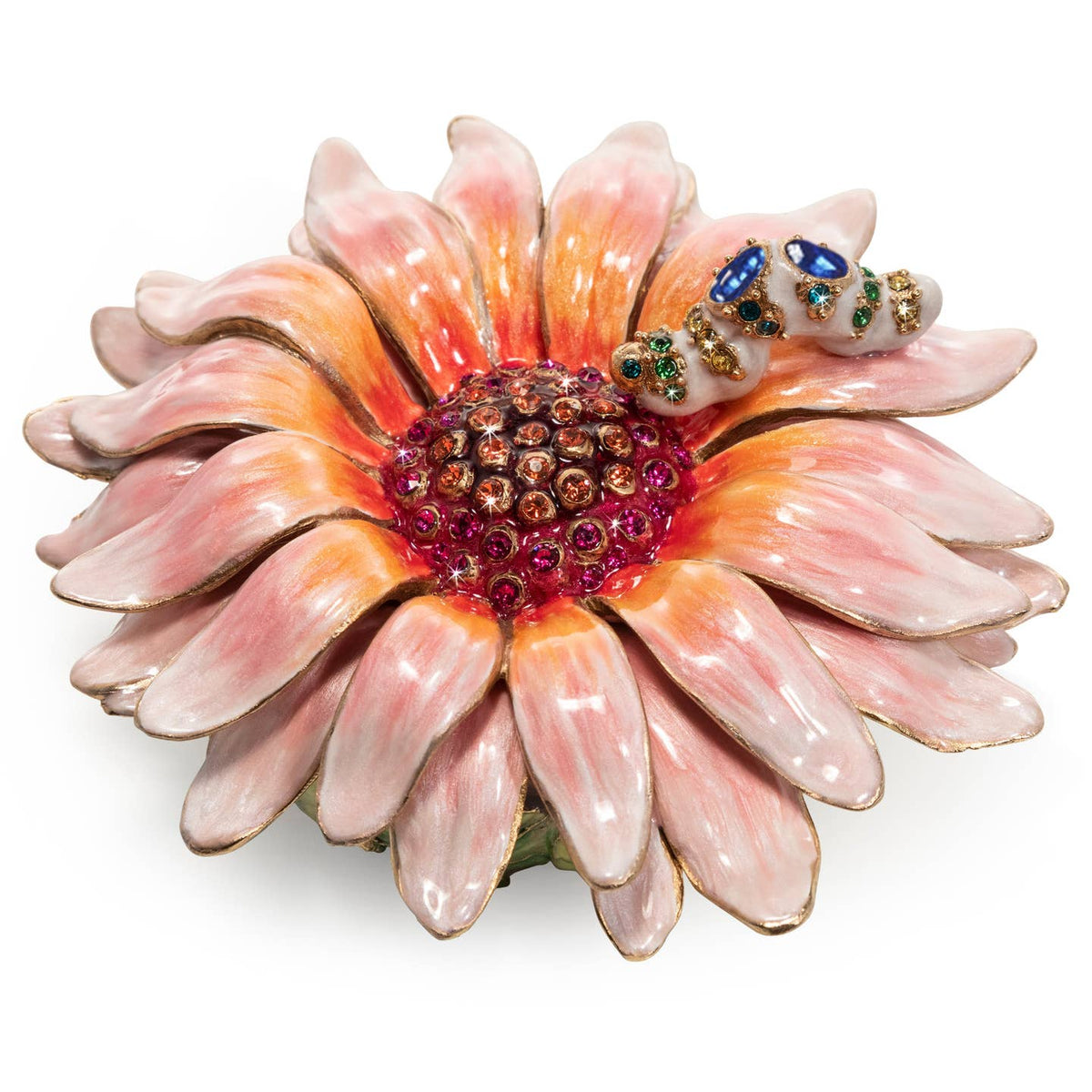 Jay Strongwater Maisie Flower and Caterpillar Decorative Box, Pink Swarovski Crystal Enamel Gold-Finished