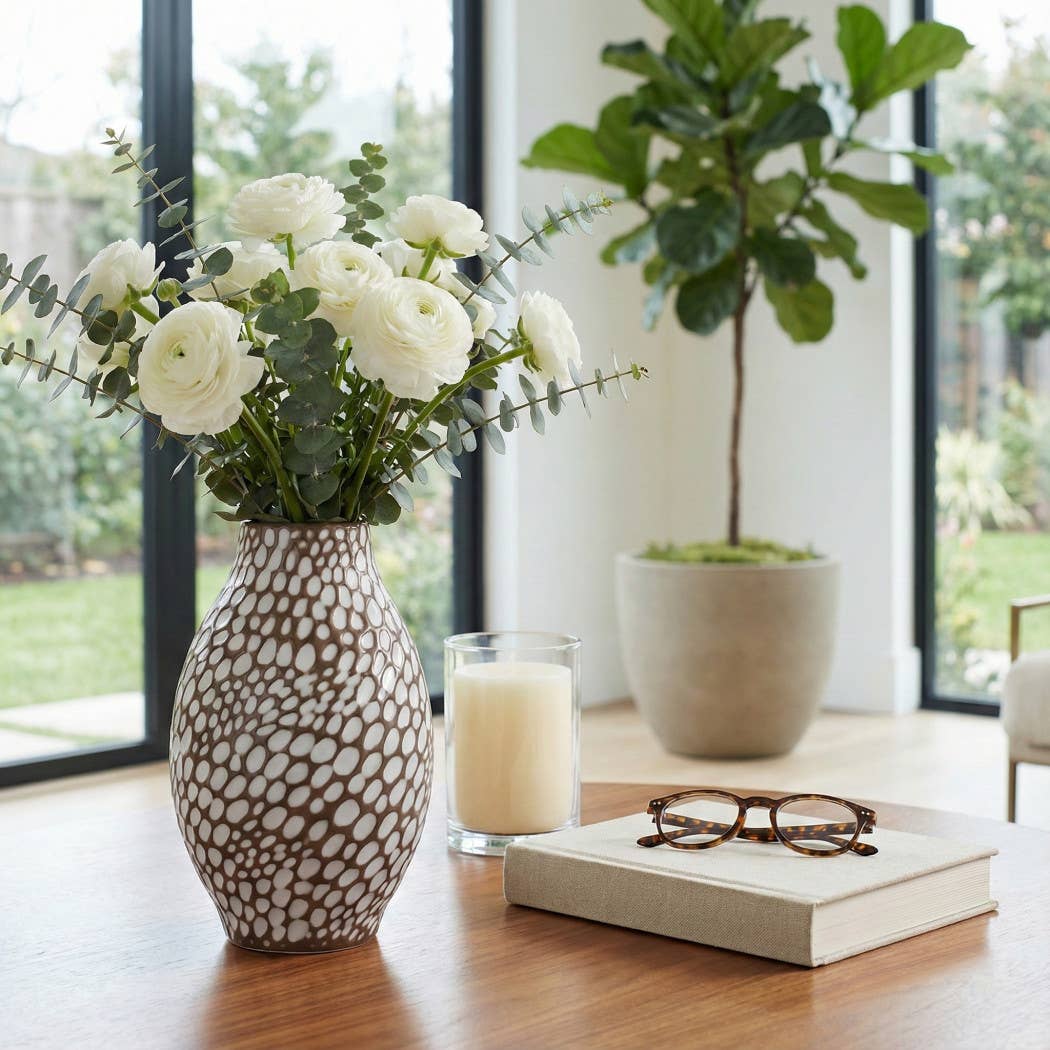 Decorative Vase - Brown Ceramic Embossed Texture, 10 in.