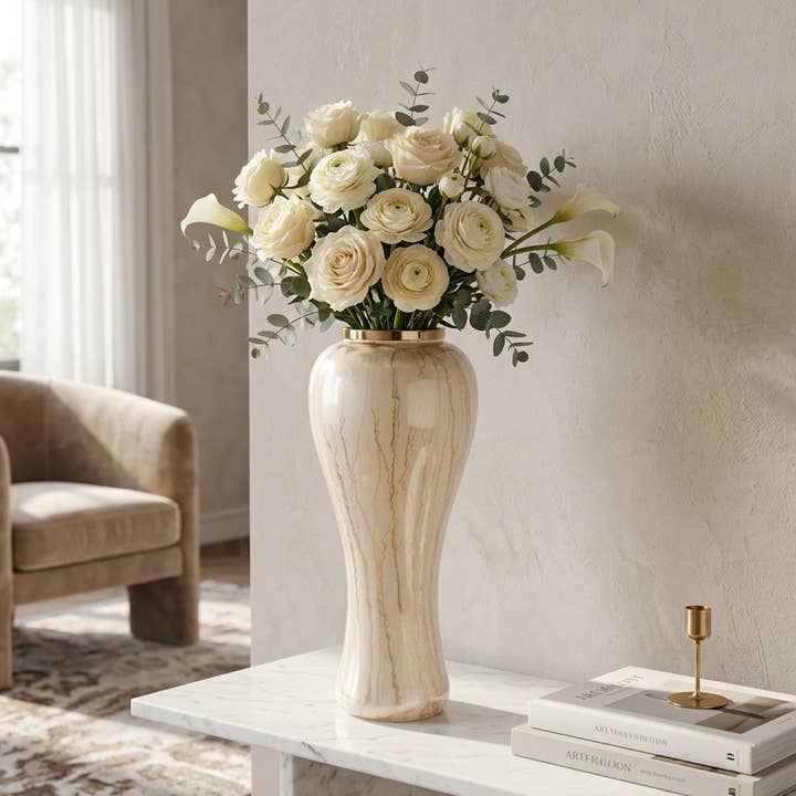 Decorative Vase - Ivory Glass Metal Silhouette Tall, 21 in.