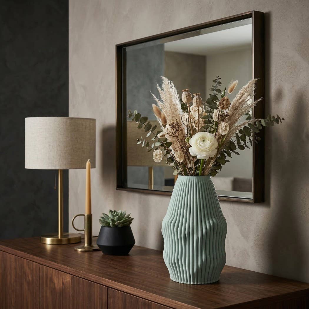 Decorative Vase - Green Ceramic Large Tall Ribbed 3D, 12 in.