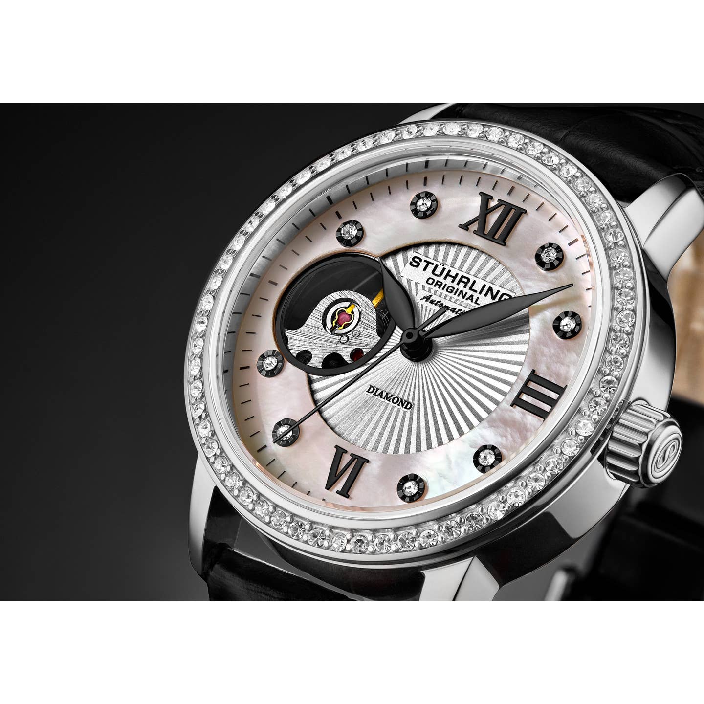 Stuhrling Original Legacy Women's Automatic Watch, 34mm, White Mother-of-Pearl Dial, Black Embossed Leather Strap, Skeleton Dial