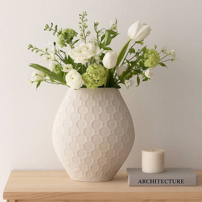 Decorative Vase - Ivory Porcelain 3D Printed Curved, 16 in.