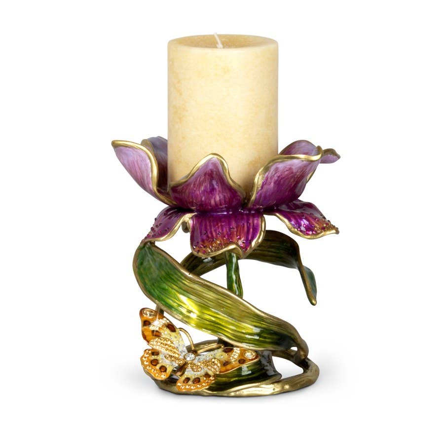Jay Strongwater Aimee Floral 7" Brocade Pillar Candle Holder, Swarovski Crystal Enamel Gold-Finished