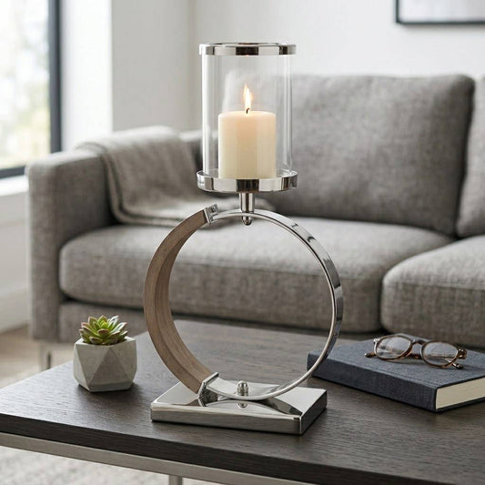 Candle Holder - Silver Metal Ring Small Hurricane, 16 in.