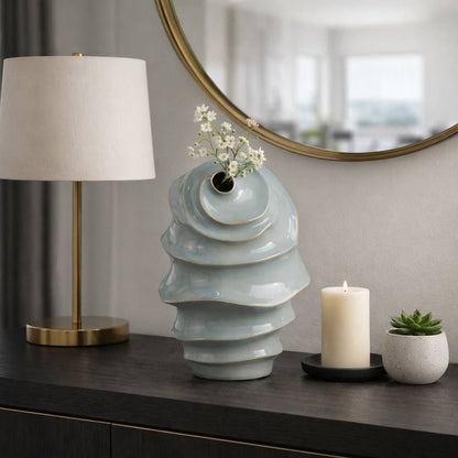 Decorative Vase - Blue Ceramic Coastal Spiral Textured, 14in