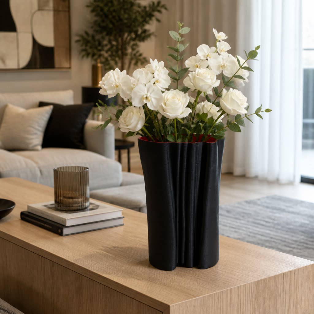Decorative Vase - Black Porcelain Fluted 3D Printed, 12 in.